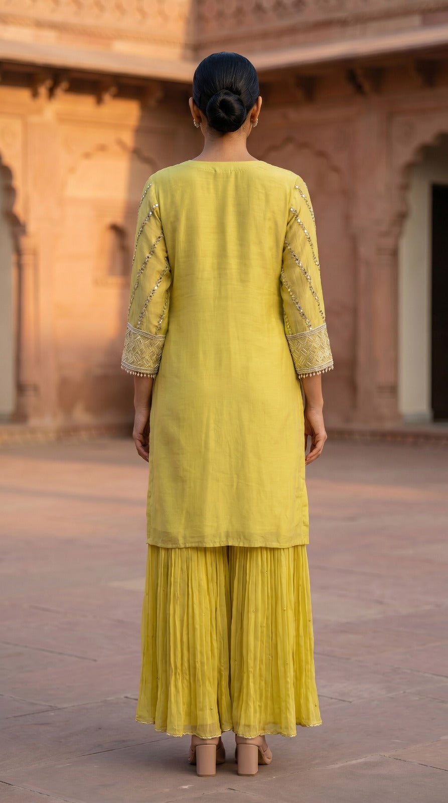 Lime Yellow Chinon Chiffon Mirror Work Sharara Set