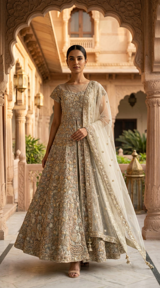Champagne Gold Floral Hand Embroidered Net Lehenga Set