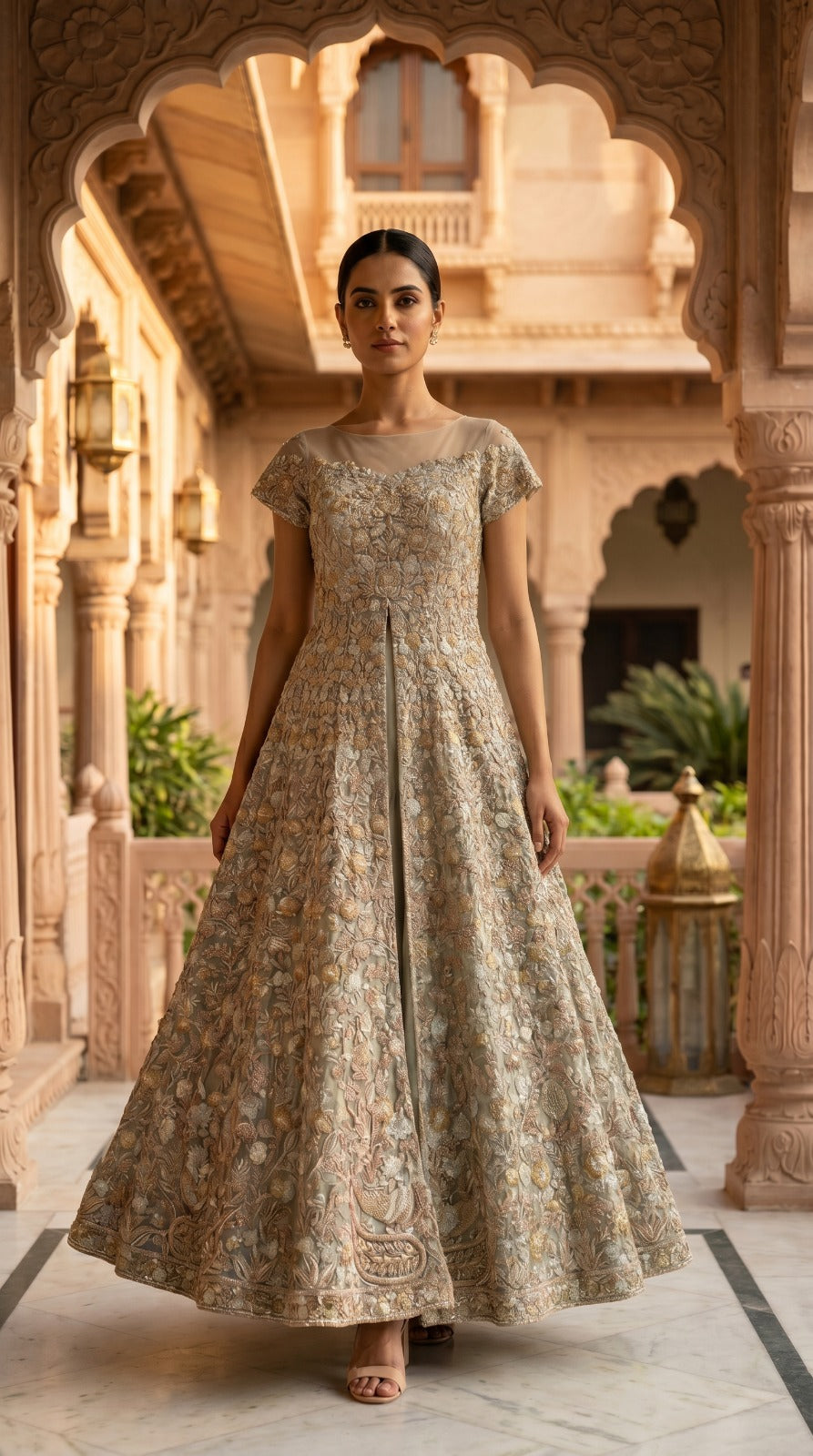 Champagne Gold Floral Hand Embroidered Net Lehenga Set