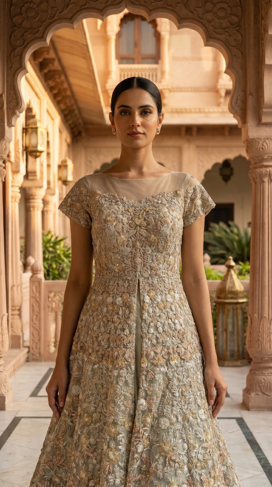 Champagne Gold Floral Hand Embroidered Net Lehenga Set