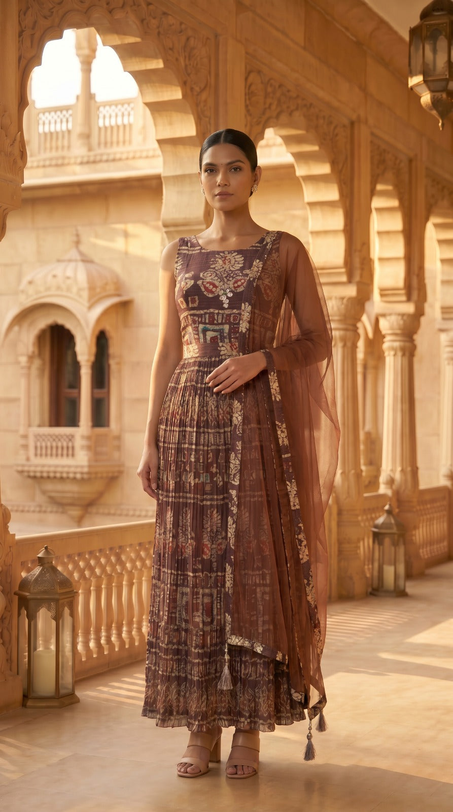 Earthy Brown Dabu Print Sleeveless Anarkali Dress