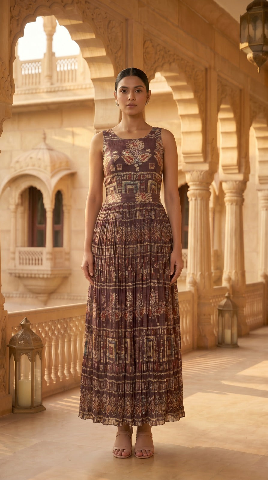 Earthy Brown Dabu Print Sleeveless Anarkali Dress