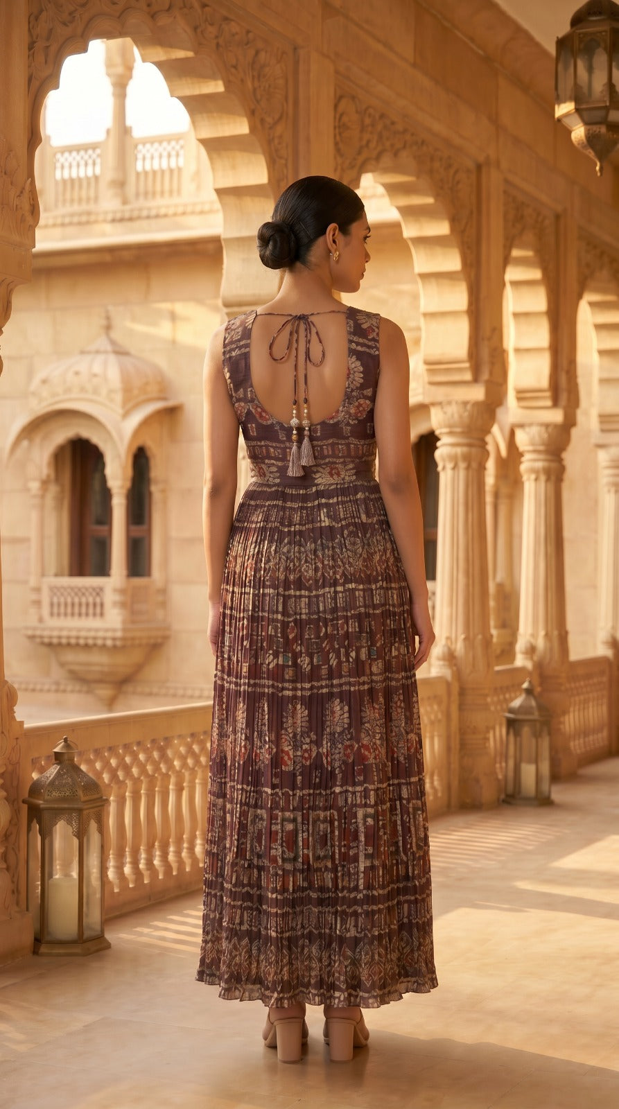 Earthy Brown Dabu Print Sleeveless Anarkali Dress