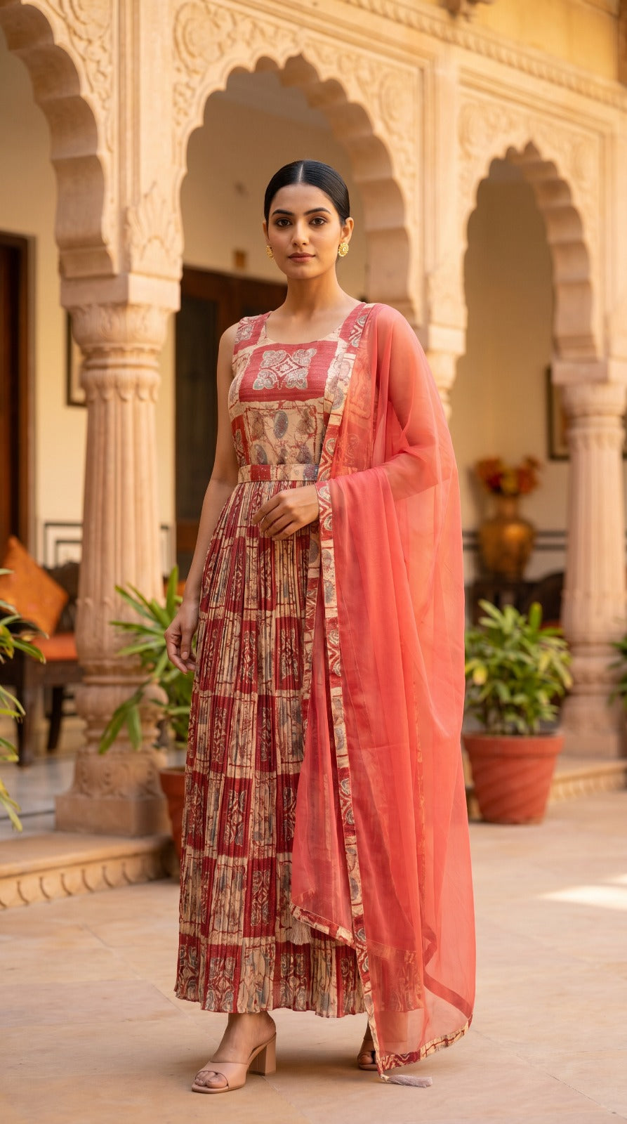 Earthy Brown & Coral Dabu Print Sleeveless Anarkali Dress
