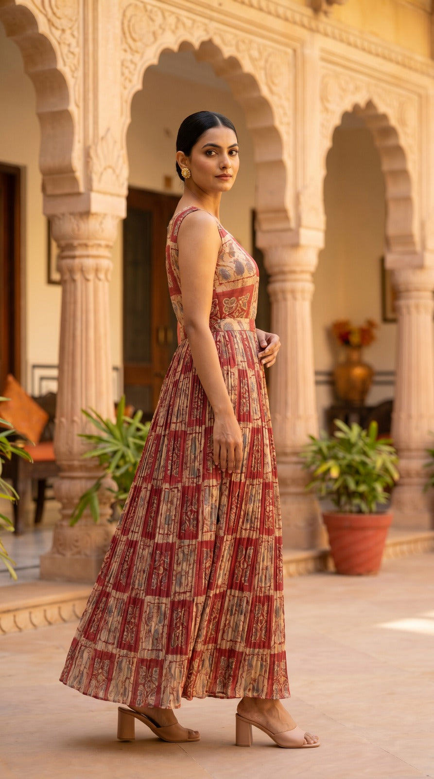Earthy Brown & Coral Dabu Print Sleeveless Anarkali Dress