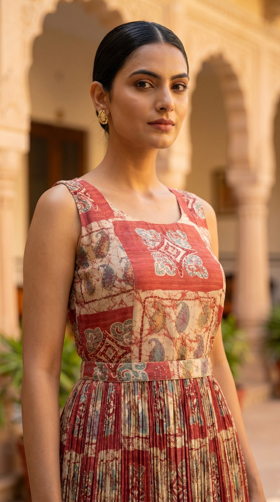 Earthy Brown & Coral Dabu Print Sleeveless Anarkali Dress