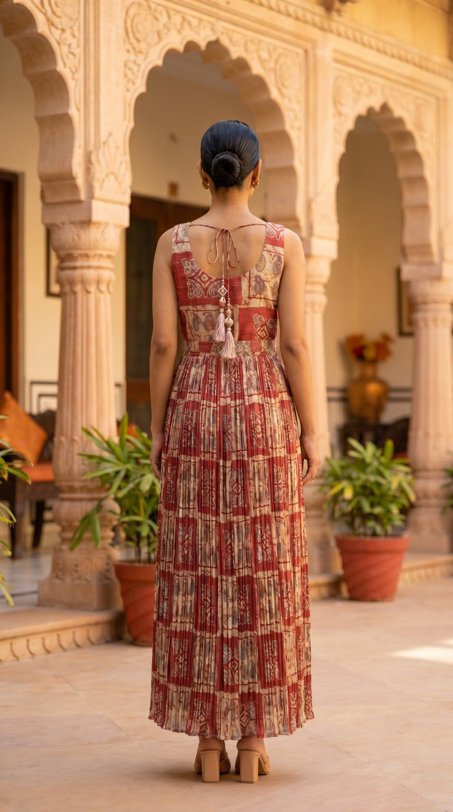 Earthy Brown & Coral Dabu Print Sleeveless Anarkali Dress