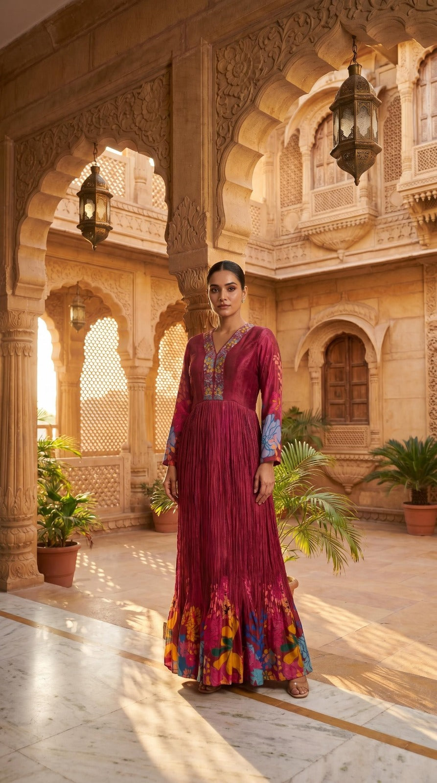 Rich Wine Floral Print Crepe Full Sleeve Anarkali Dress