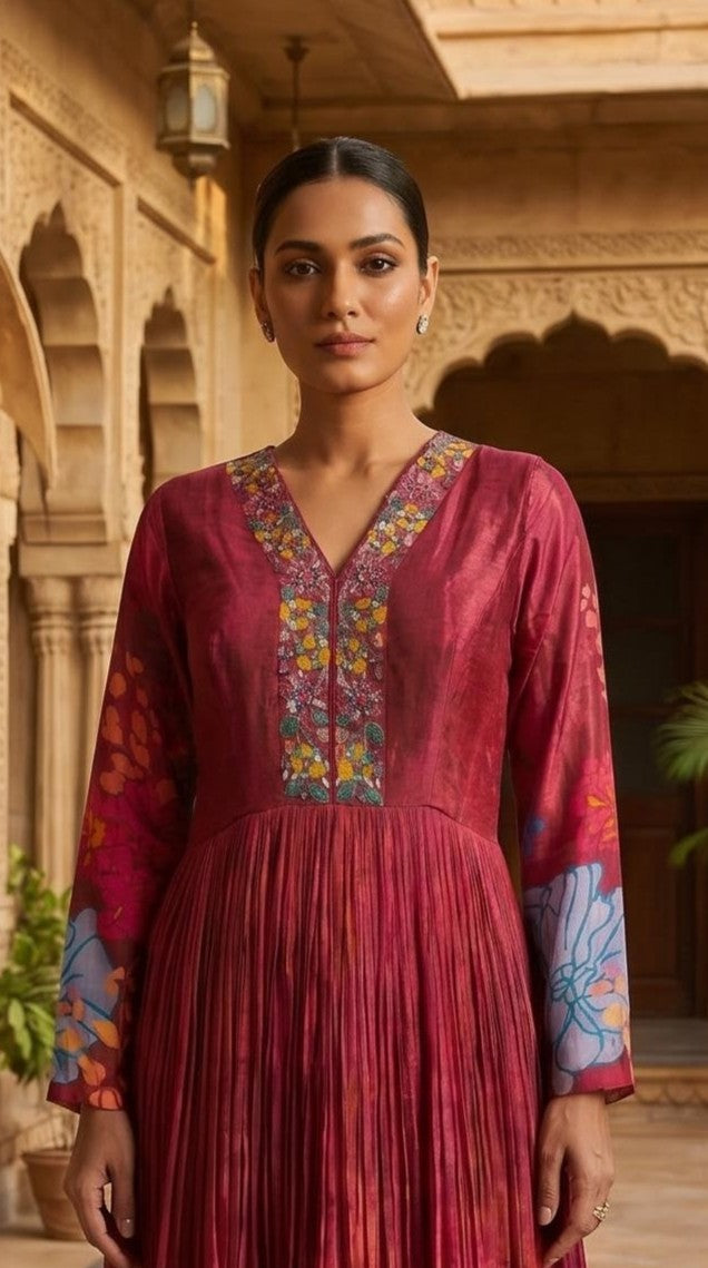 Rich Wine Floral Print Crepe Full Sleeve Anarkali Dress