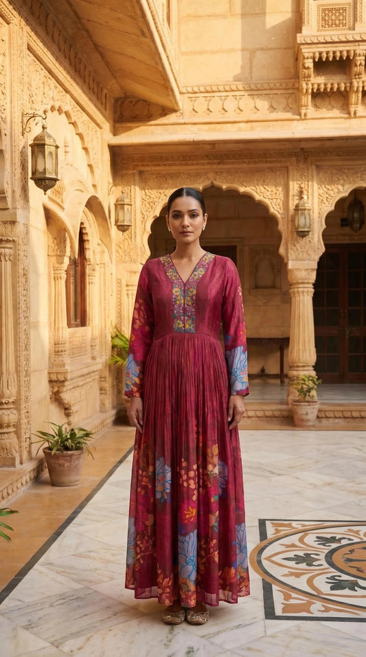 Rich Wine Floral Print Crepe Full Sleeve Anarkali Dress