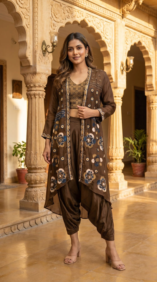 Blue Ivory & Gold Floral Embroidered Organza Co-ord Set