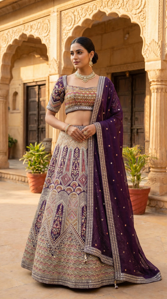 Royal Purple Silk Machine Embroidered Lehenga Set