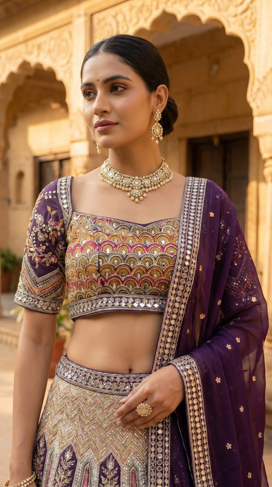 Royal Purple Silk Machine Embroidered Lehenga Set