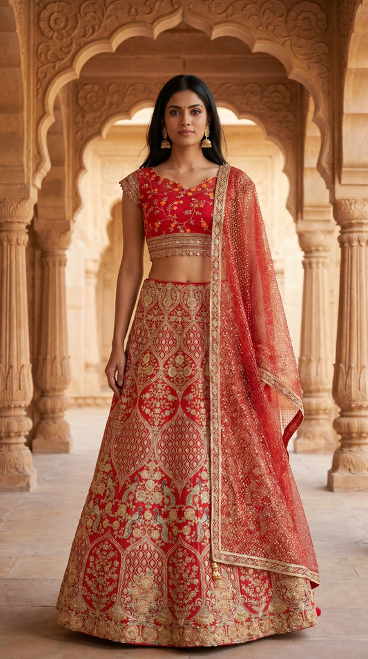 Bridal Red Georgette & Dola Silk Zari Embroidered Lehenga Set