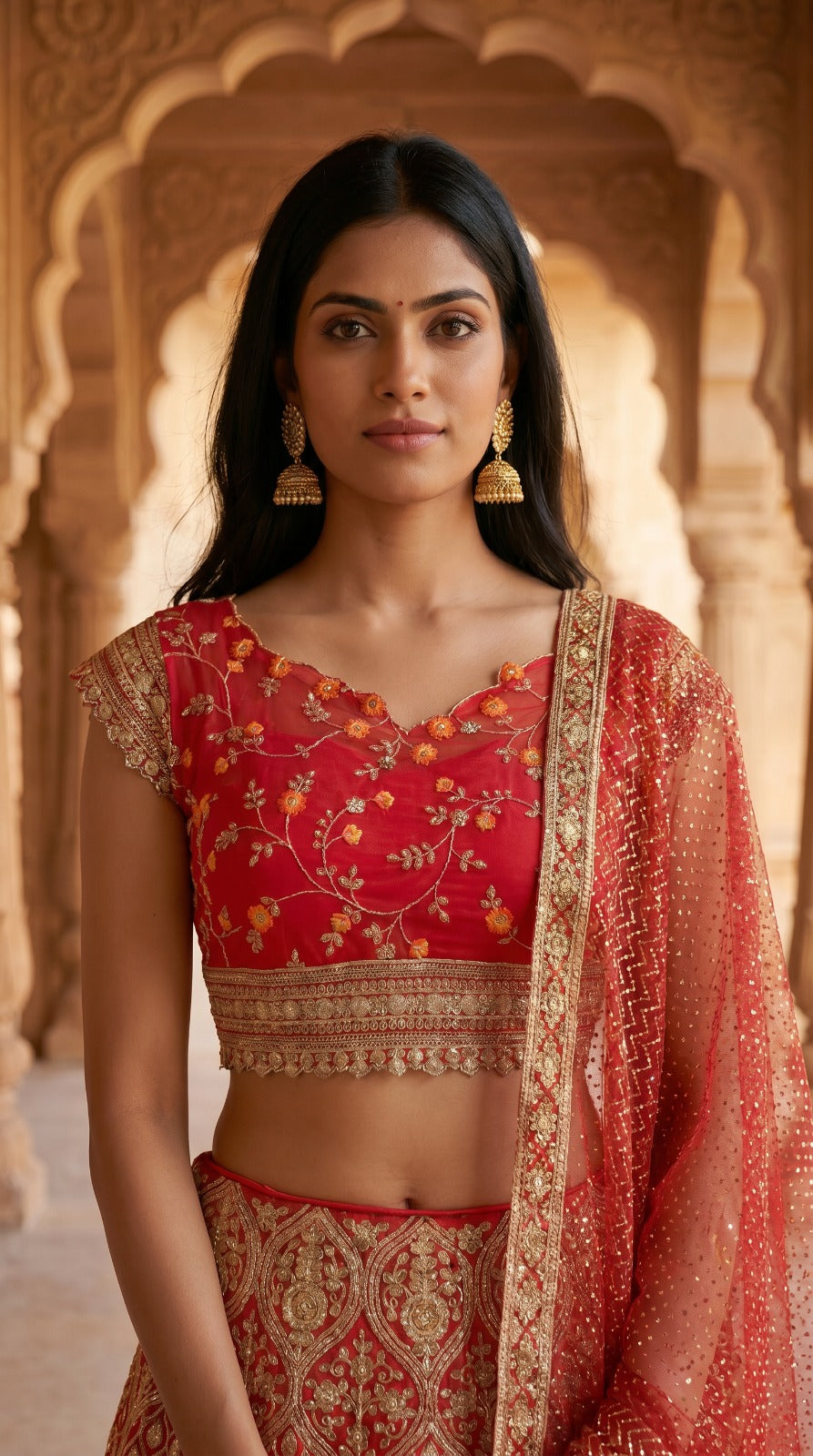 Bridal Red Georgette & Dola Silk Zari Embroidered Lehenga Set