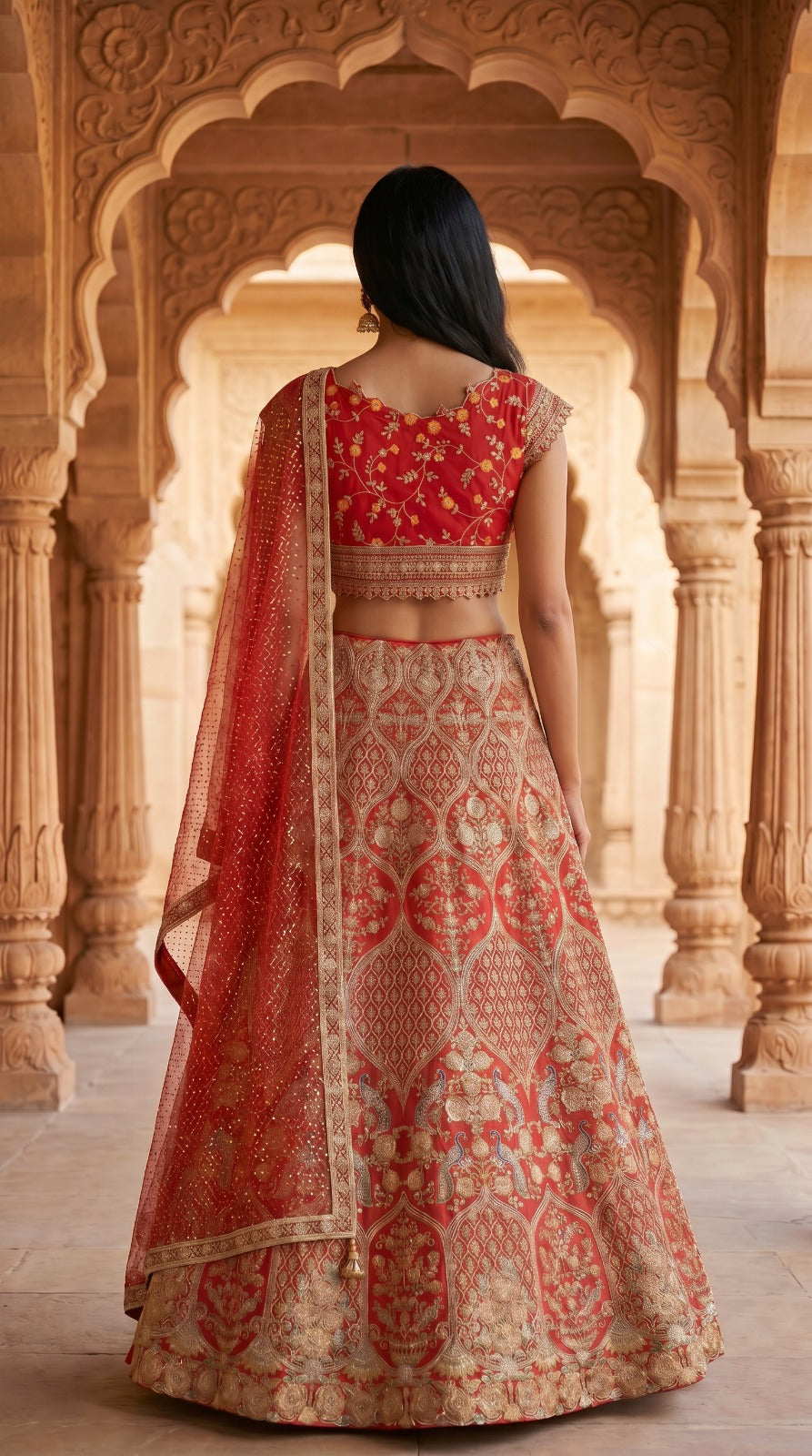 Bridal Red Georgette & Dola Silk Zari Embroidered Lehenga Set