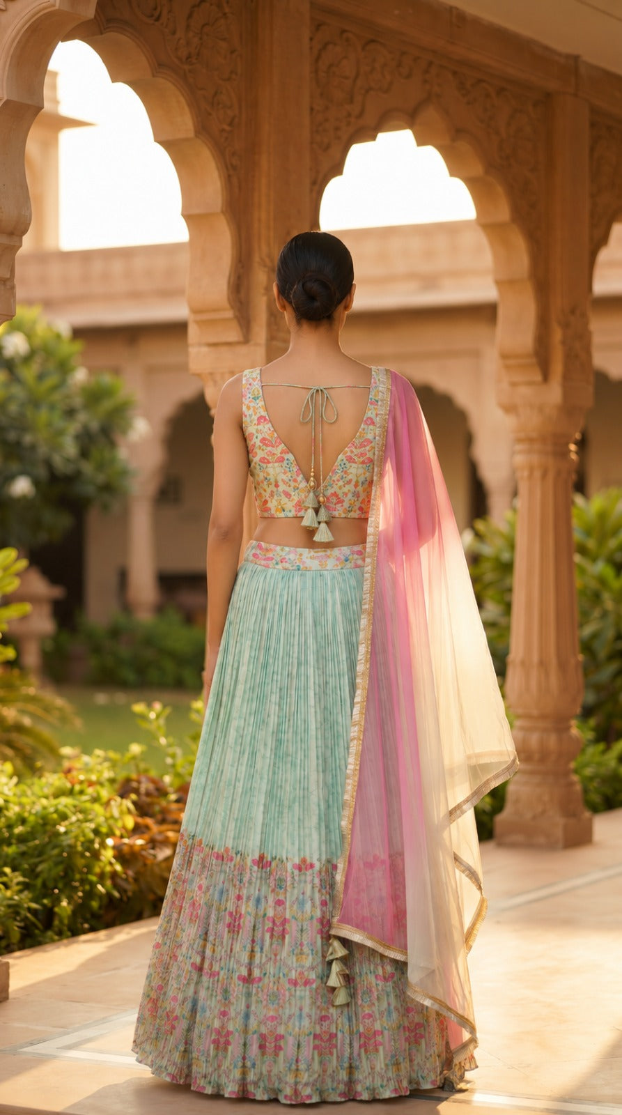 Pastel Pink Floral Print Georgette Sleeveless Lehenga Set