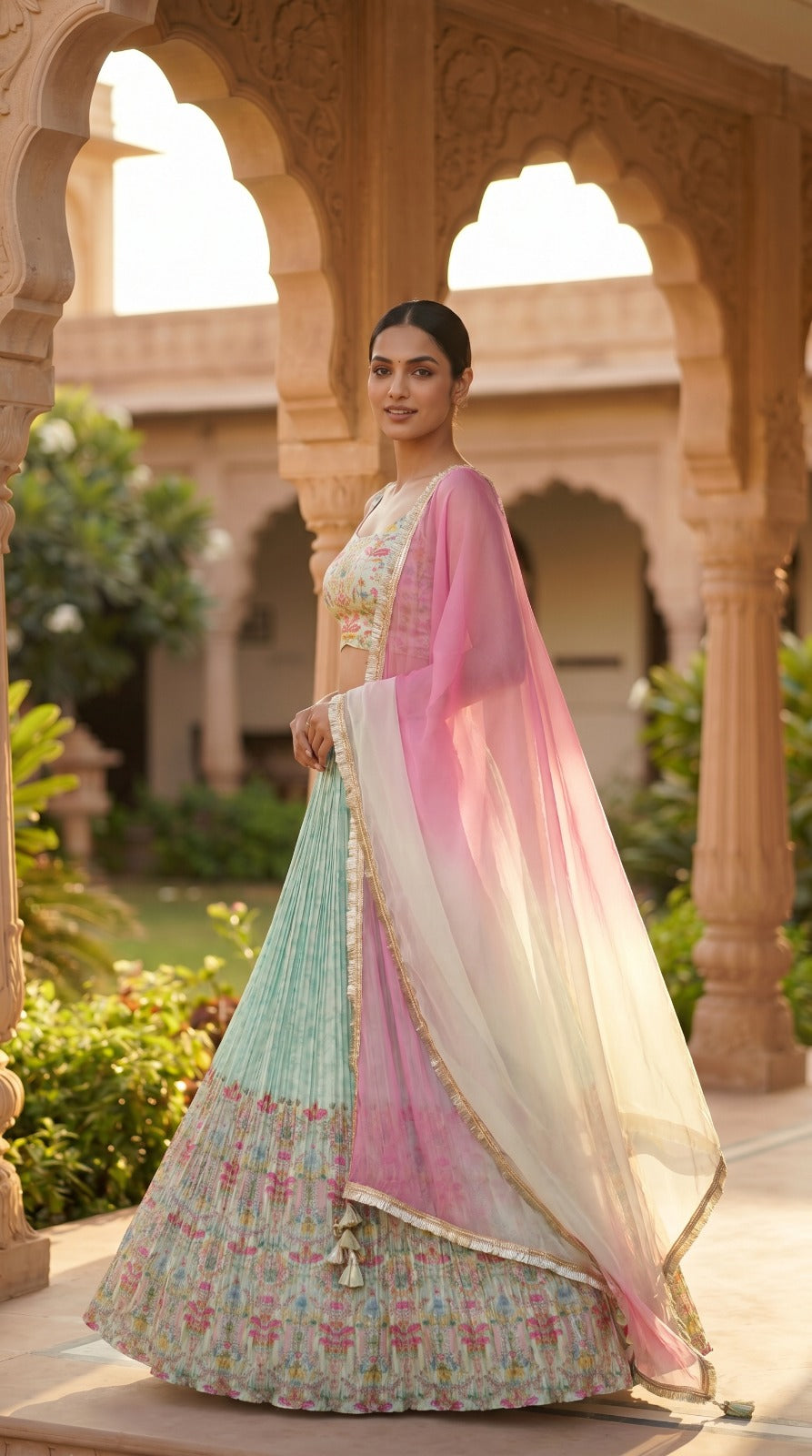 Pastel Pink Floral Print Georgette Sleeveless Lehenga Set