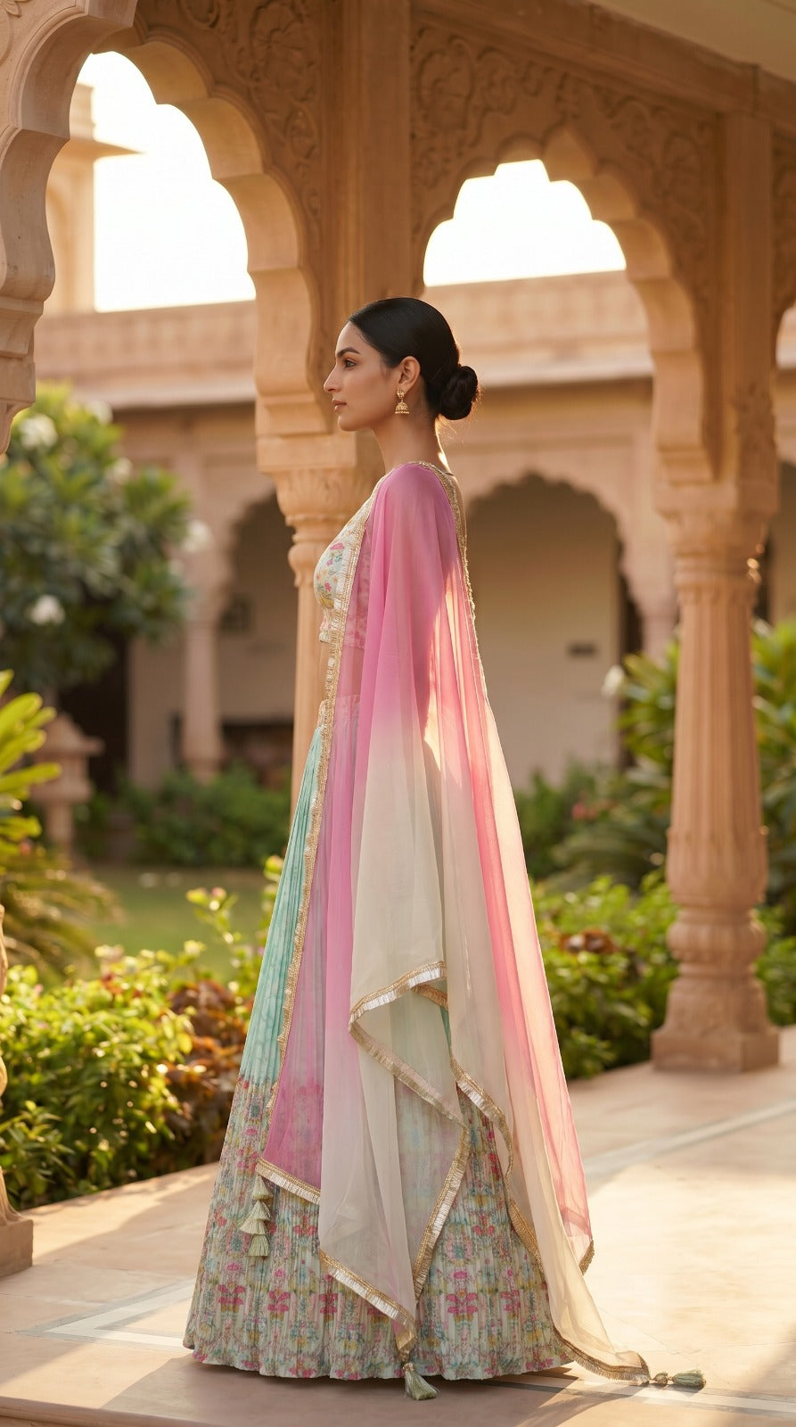 Pastel Pink Floral Print Georgette Sleeveless Lehenga Set
