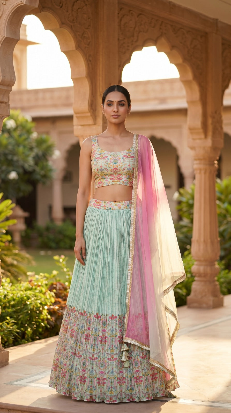 Pastel Pink Floral Print Georgette Sleeveless Lehenga Set