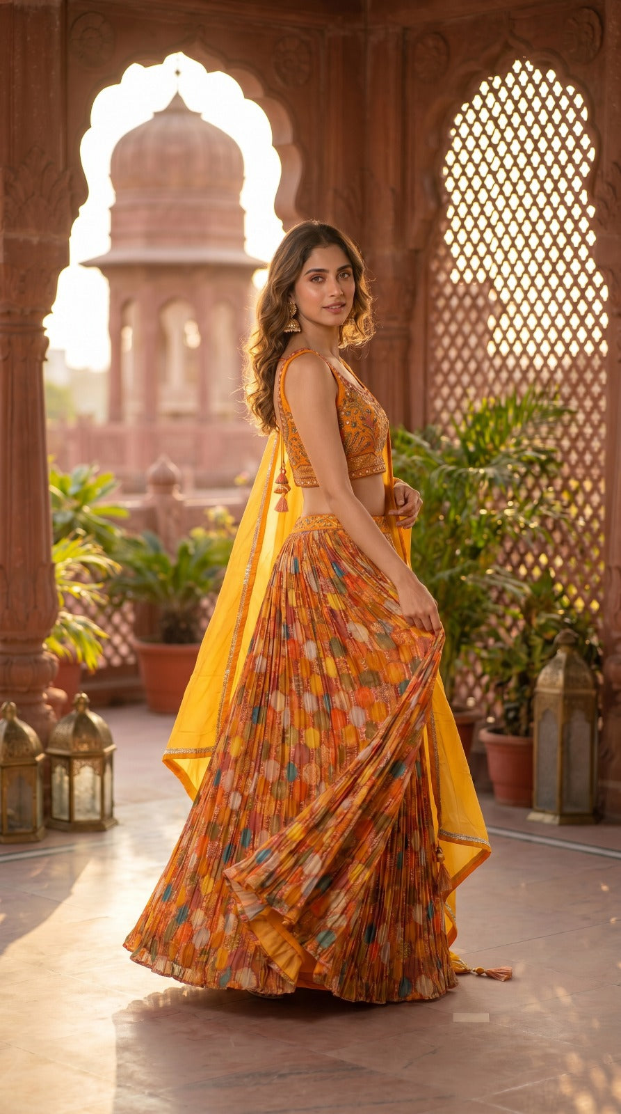 Multicolor Floral Print Georgette Sleeveless Lehenga Set