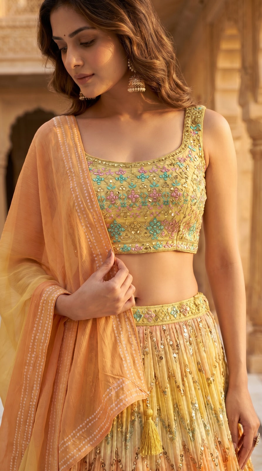 Yellow Peach Ombré Chevron Embroidered Georgette Lehenga Set