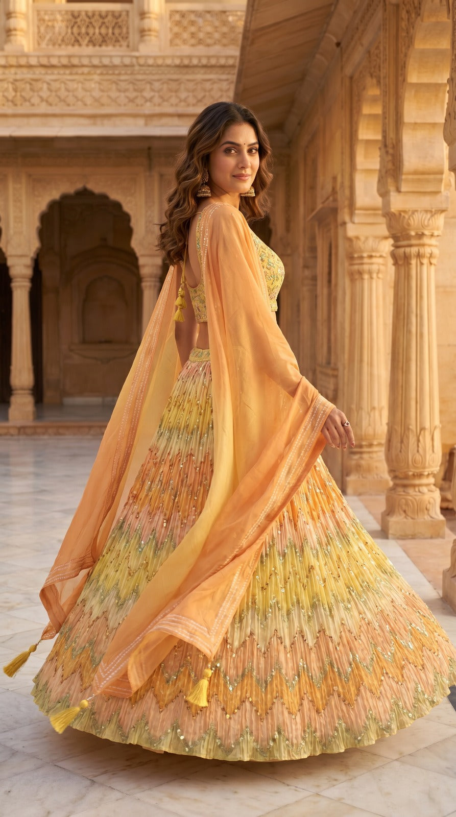 Yellow Peach Ombré Chevron Embroidered Georgette Lehenga Set
