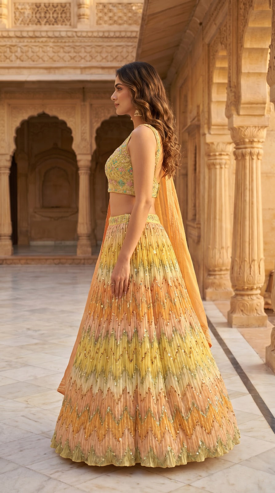 Yellow Peach Ombré Chevron Embroidered Georgette Lehenga Set