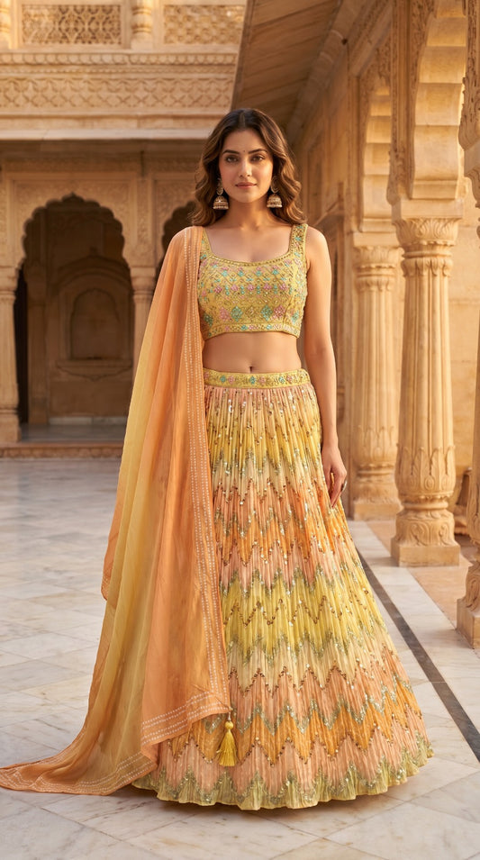 Yellow Peach Ombré Chevron Embroidered Georgette Lehenga Set