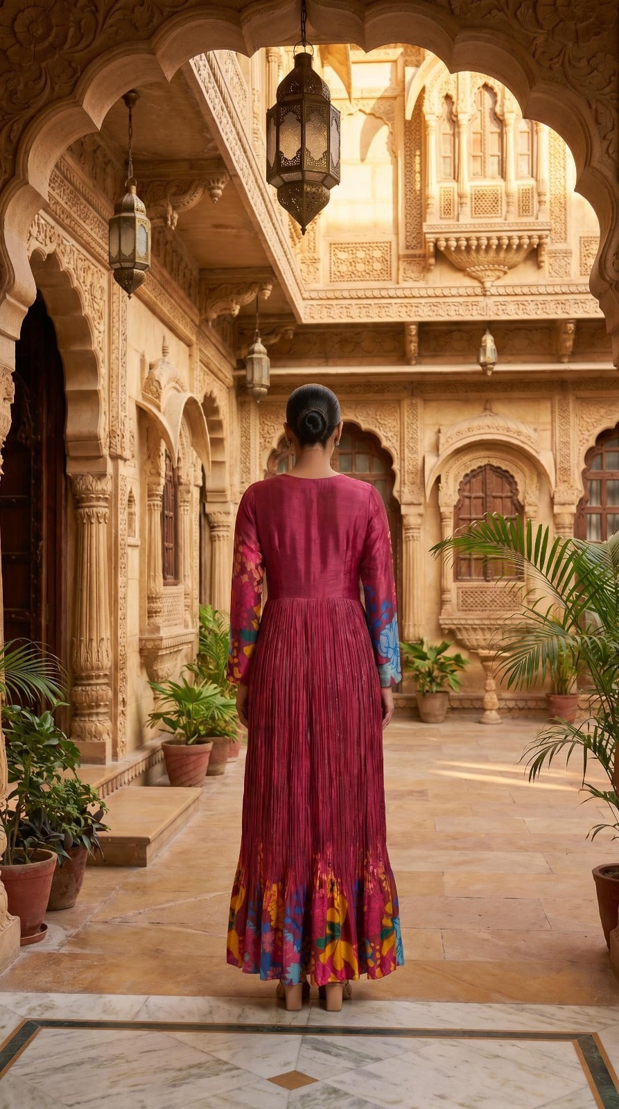 Rich Wine Floral Print Crepe Full Sleeve Anarkali Dress