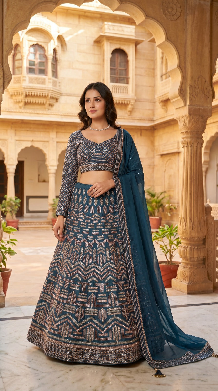 Teal Blue Geometric Embroidered Silk Full Sleeve Lehenga Set
