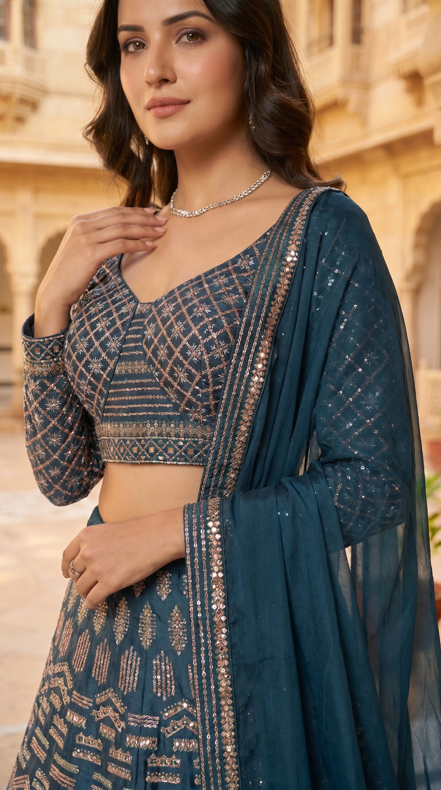 Teal Blue Geometric Embroidered Silk Full Sleeve Lehenga Set