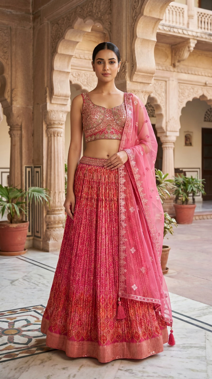 Vibrant Pink Embroidered Silk Lehenga Set