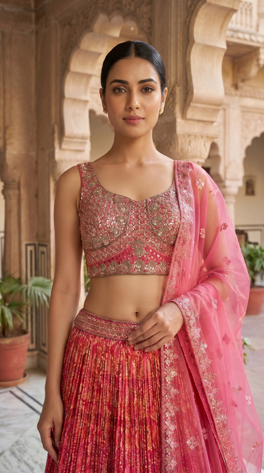 Vibrant Pink Embroidered Silk Lehenga Set