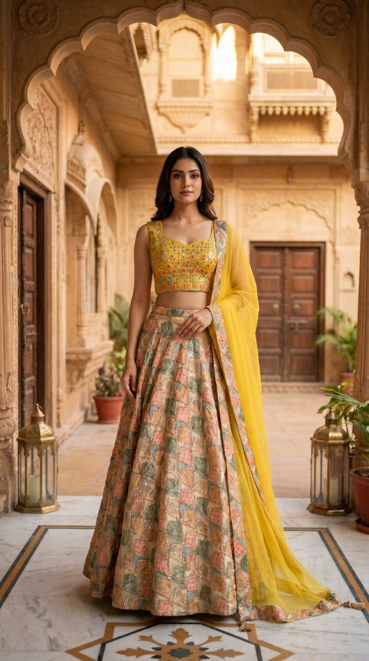 Vibrant Yellow Embroidered Silk Lehenga Set