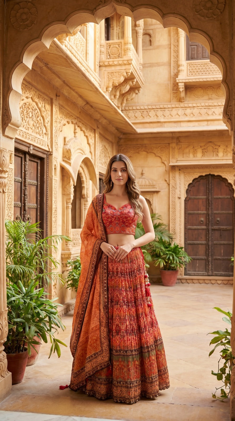 Multicolour Embroidered Silk Lehenga Set