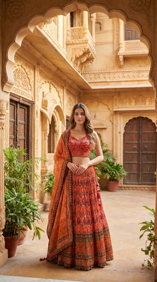 Multicolour Embroidered Silk Lehenga Set