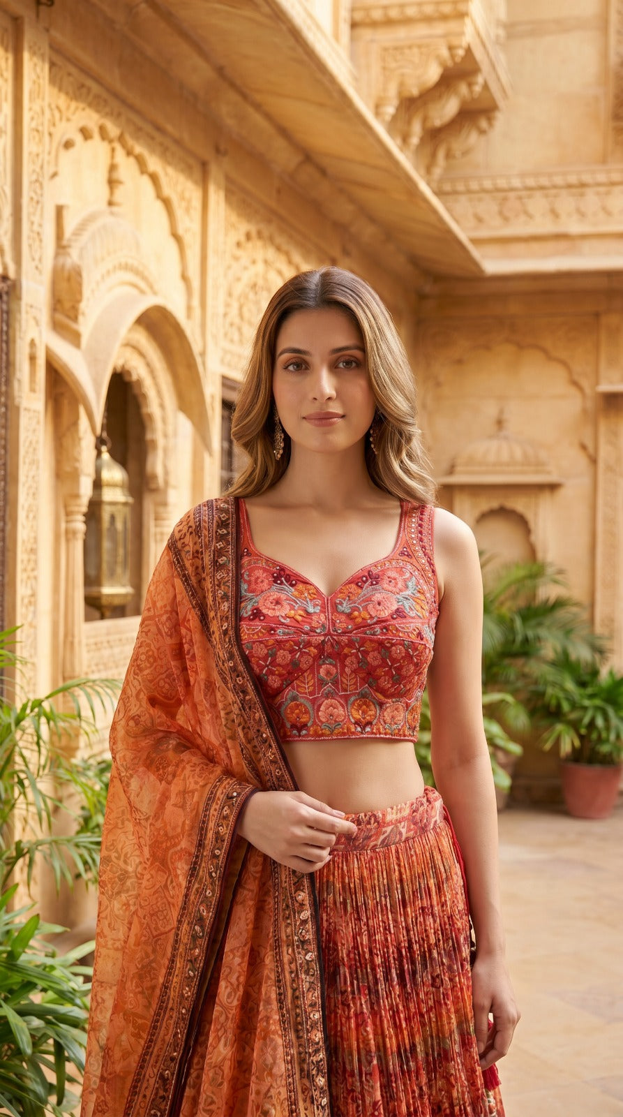 Multicolour Embroidered Silk Lehenga Set
