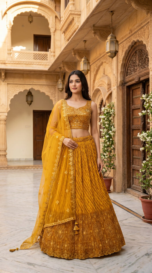 Mustard Yellow Bandhani Embroidered Lehenga Set
