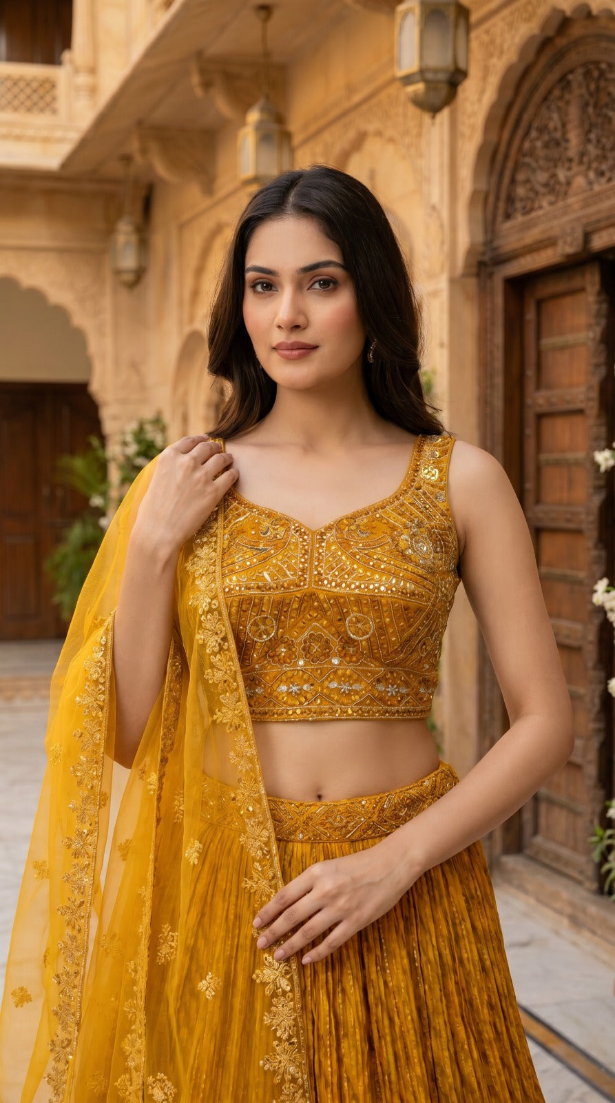 Mustard Yellow Bandhani Embroidered Lehenga Set