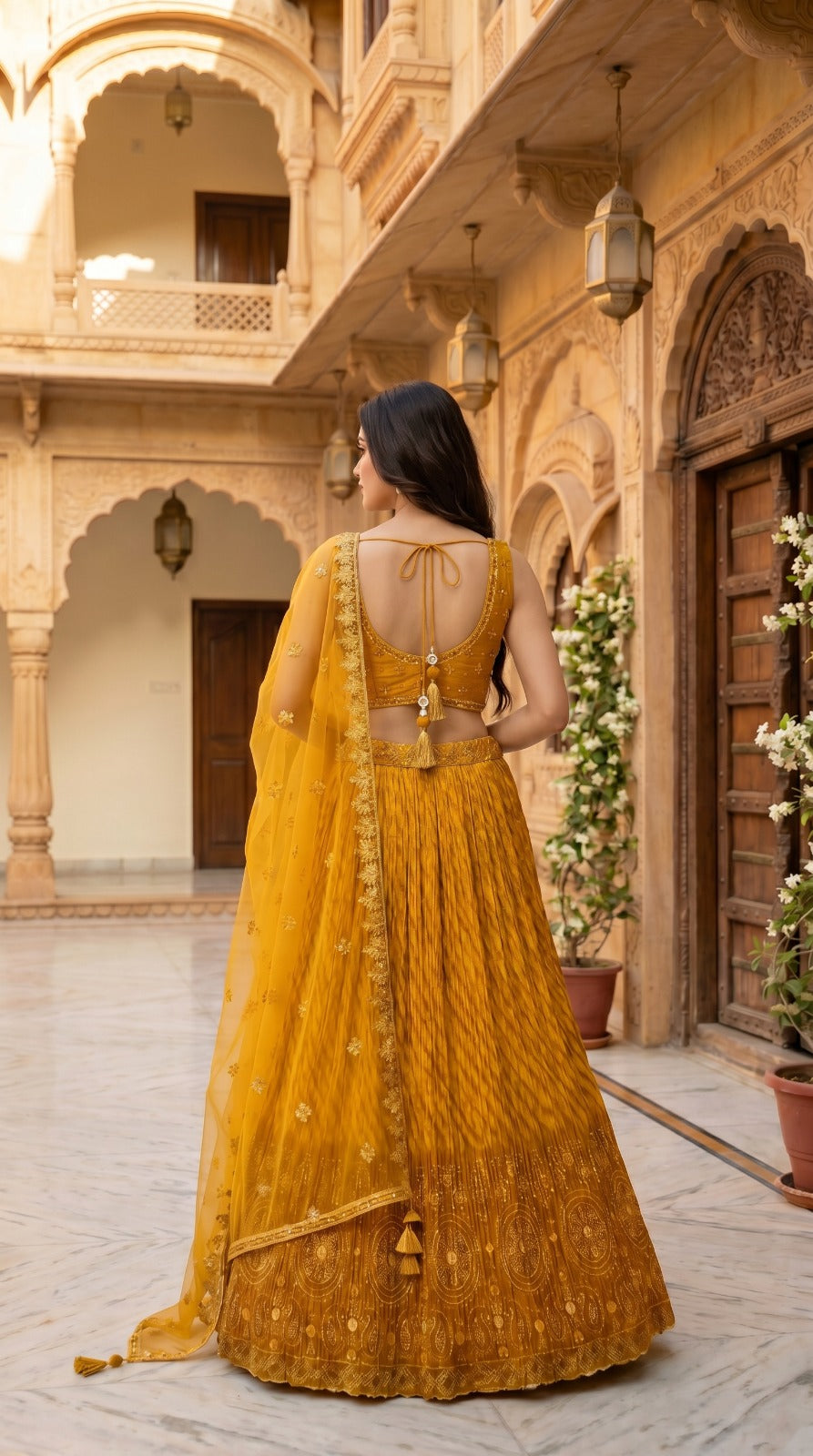 Mustard Yellow Bandhani Embroidered Lehenga Set