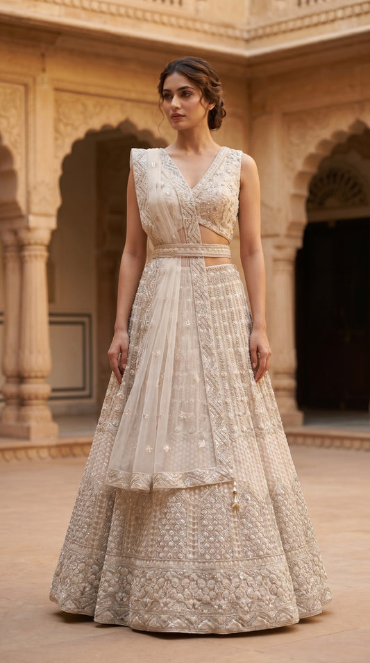 Ivory Bridal Embroidered Silk Lehenga Set