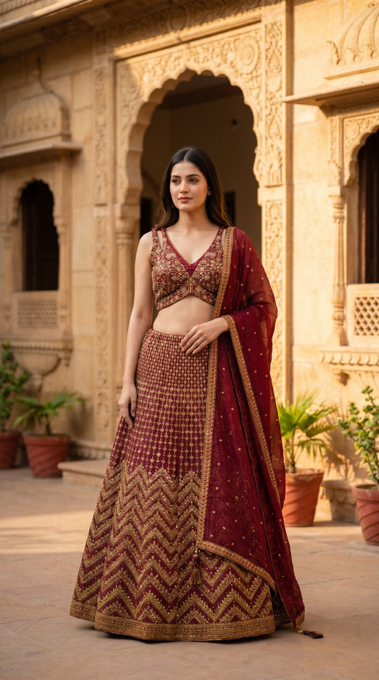 Wine Red Geometric Embroidered Silk Lehenga Set