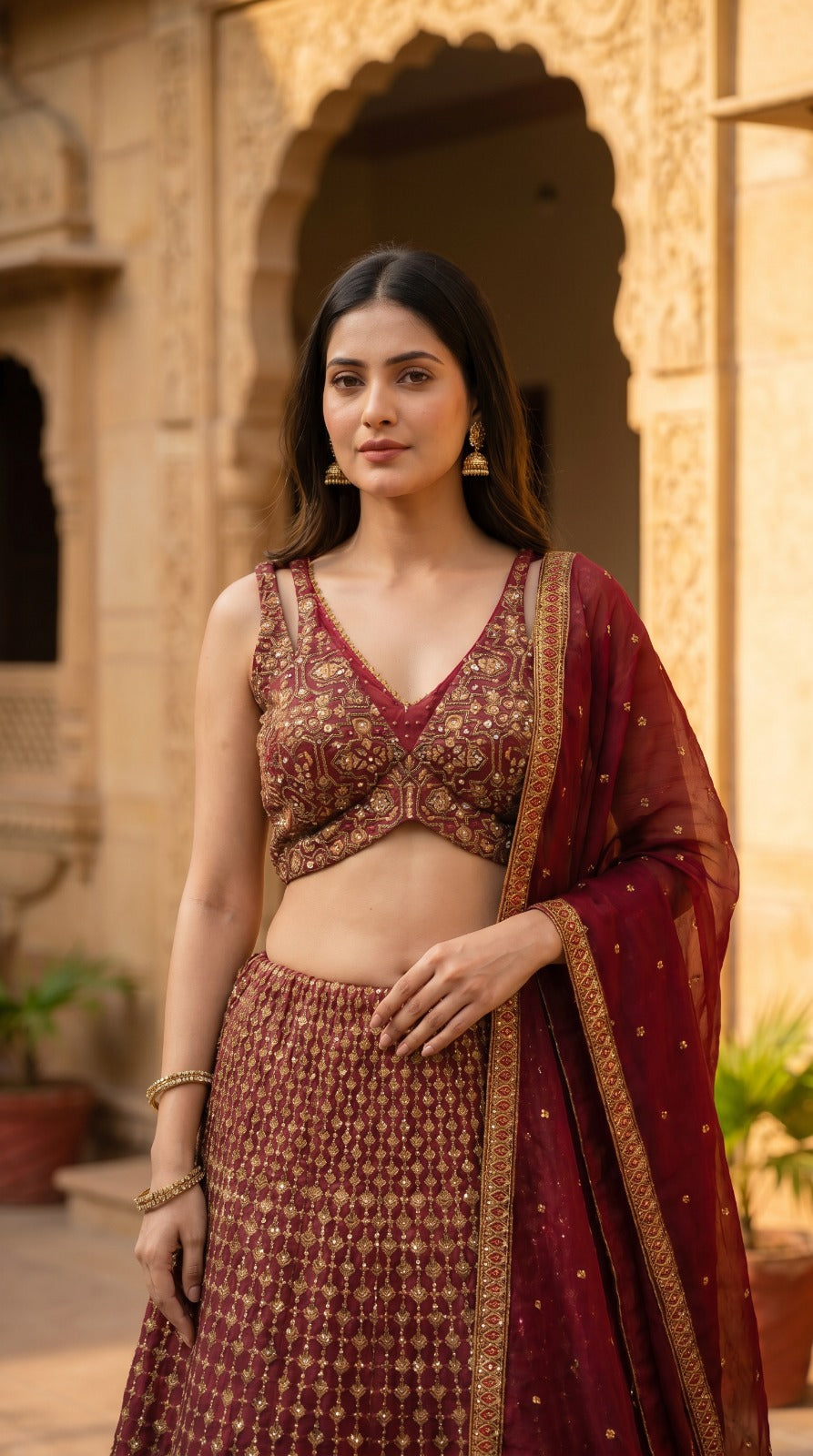 Wine Red Geometric Embroidered Silk Lehenga Set