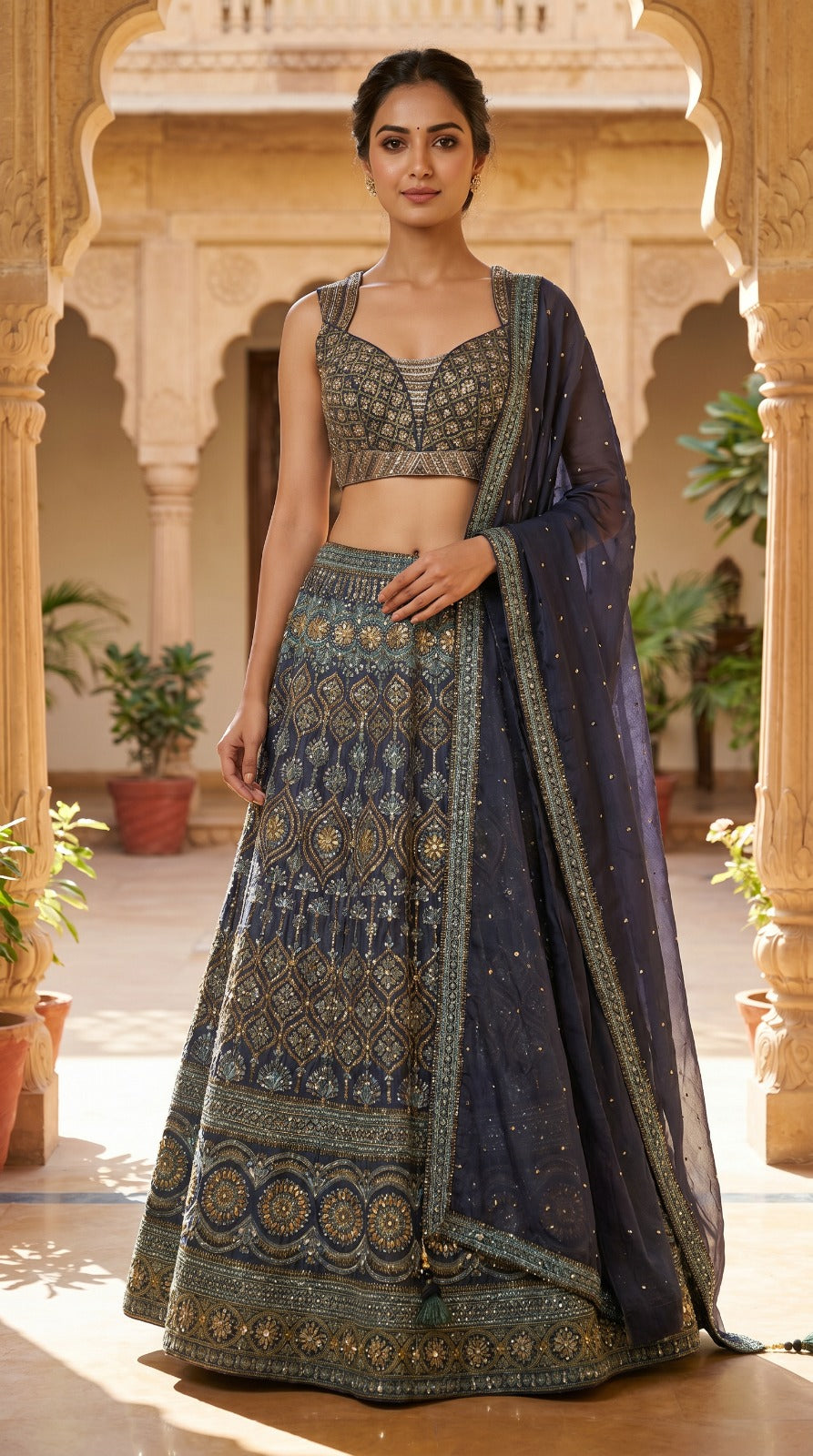 Navy Blue Heritage Embroidered Silk Lehenga Set