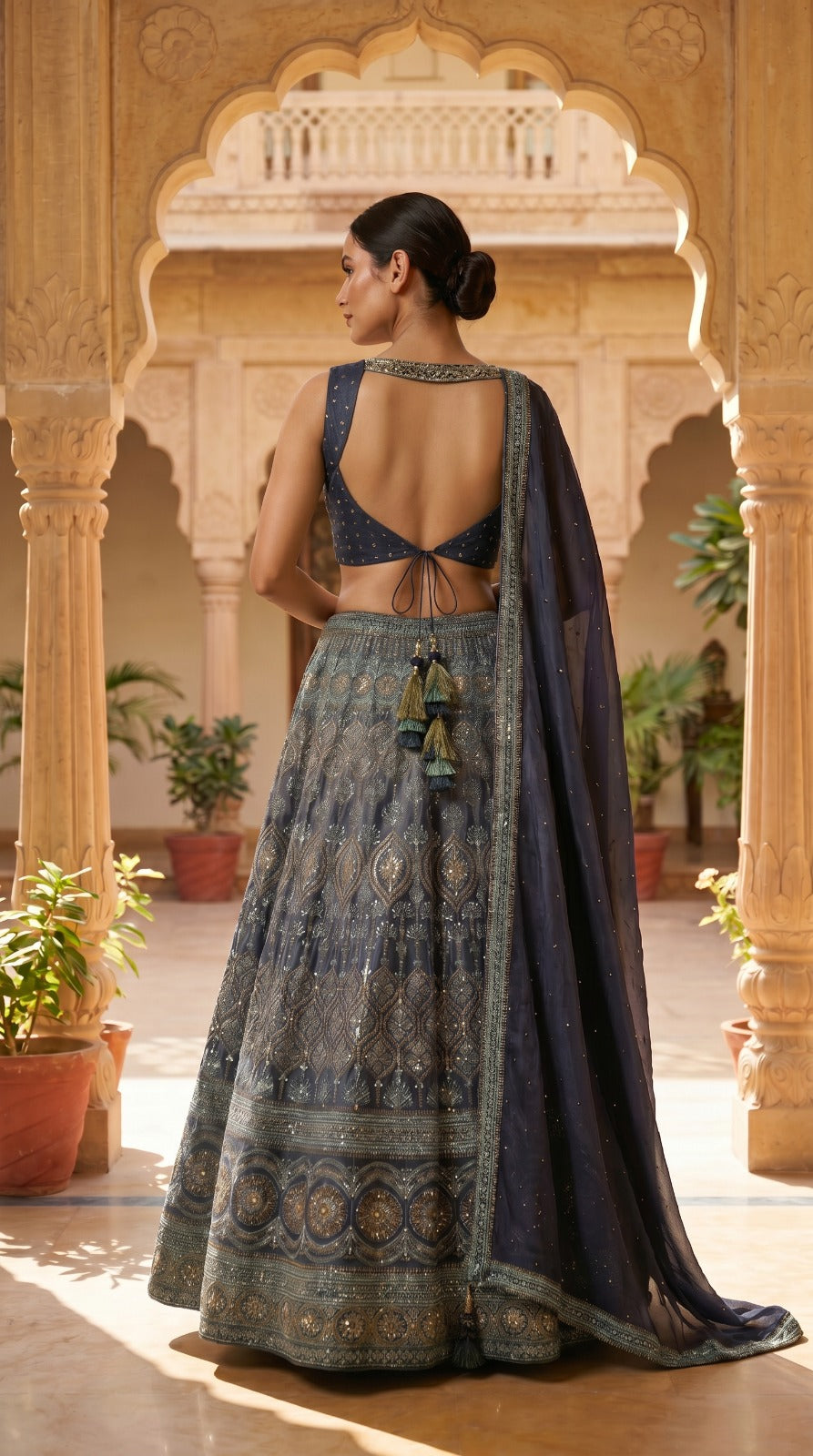 Navy Blue Heritage Embroidered Silk Lehenga Set
