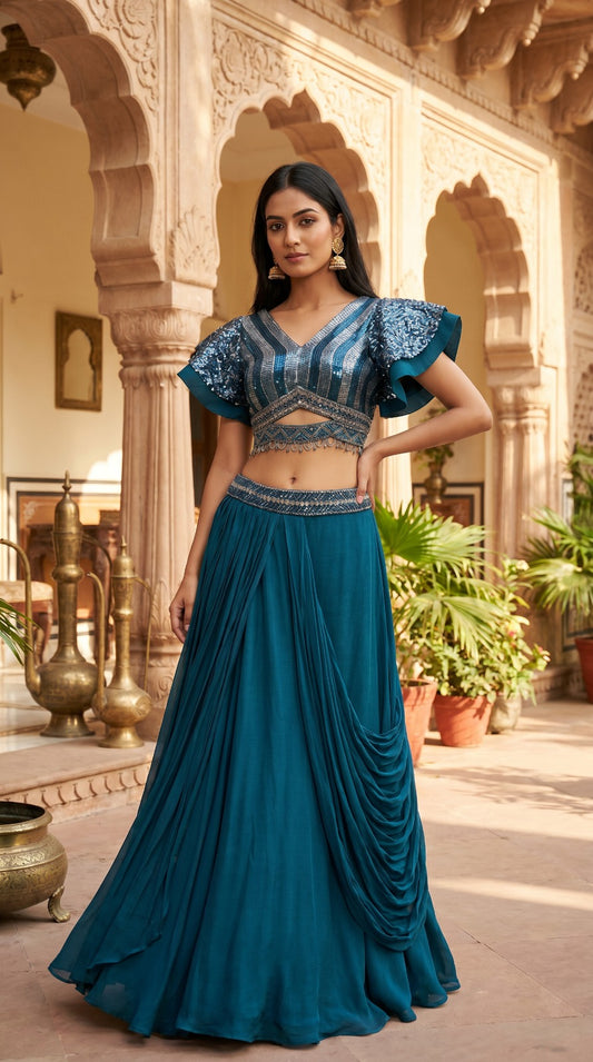 Teal Sequin Ruffle Sleeve Lehenga Set
