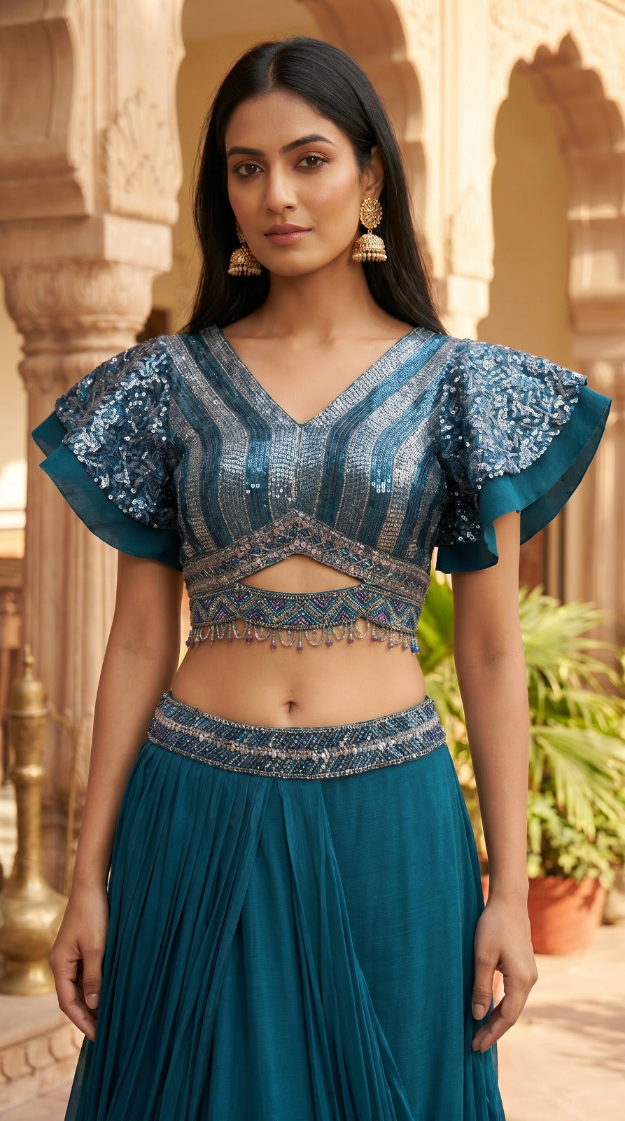 Teal Sequin Ruffle Sleeve Lehenga Set