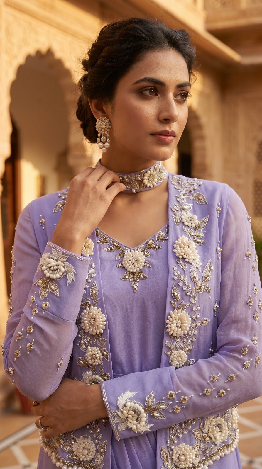 Lavender Georgette Embroidered Jacket Lehenga Set