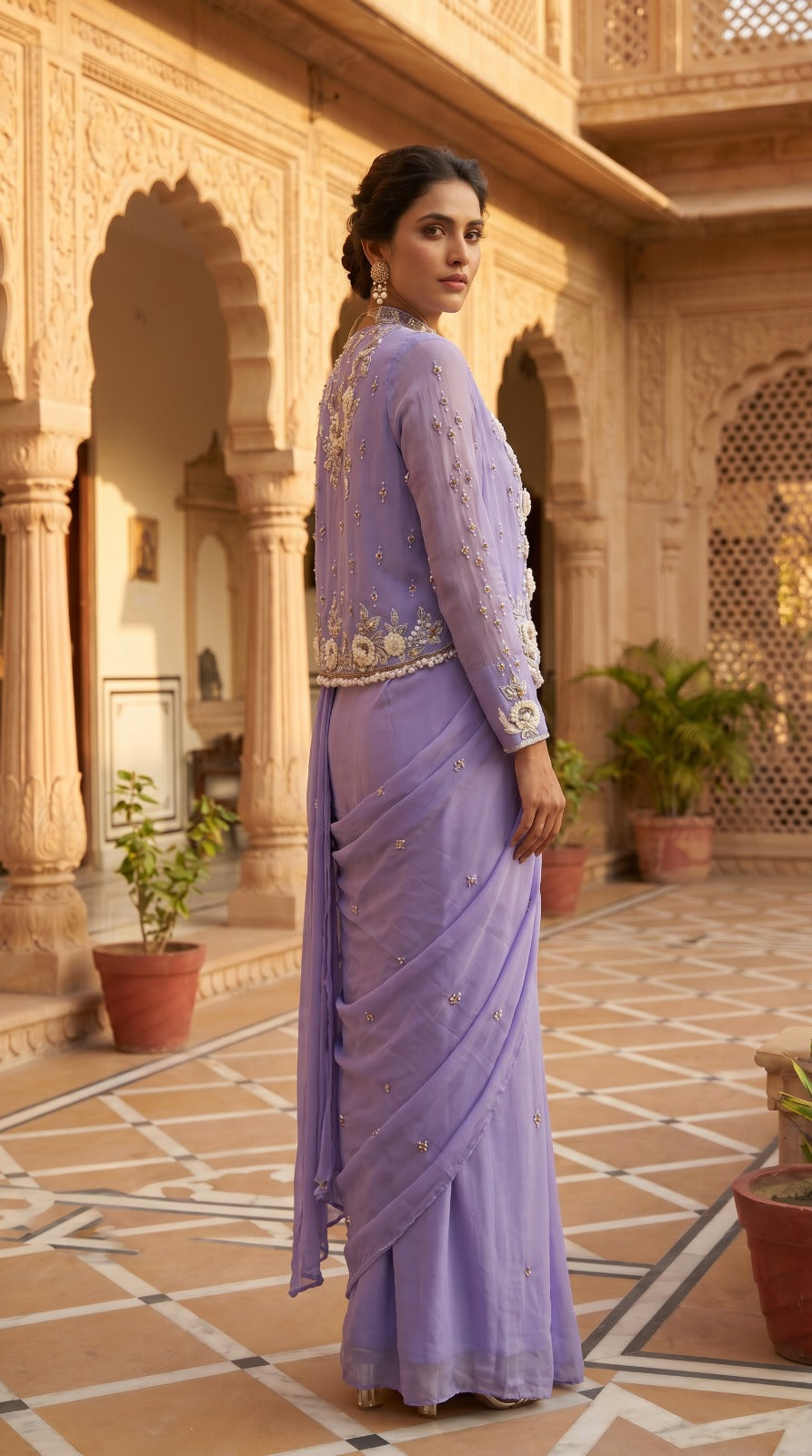 Lavender Georgette Embroidered Jacket Lehenga Set